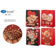 Пакет подарочный бумажный плотный 26*10*32см МИШКИ LOVE цветной с рисунком, объёмная аппликация c золотым тиснением, ассорти, МС-7277